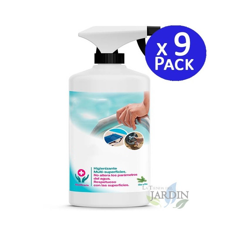 Disinfettante e disinfettante per piscine. 9 flaconi spray da 1 litro.