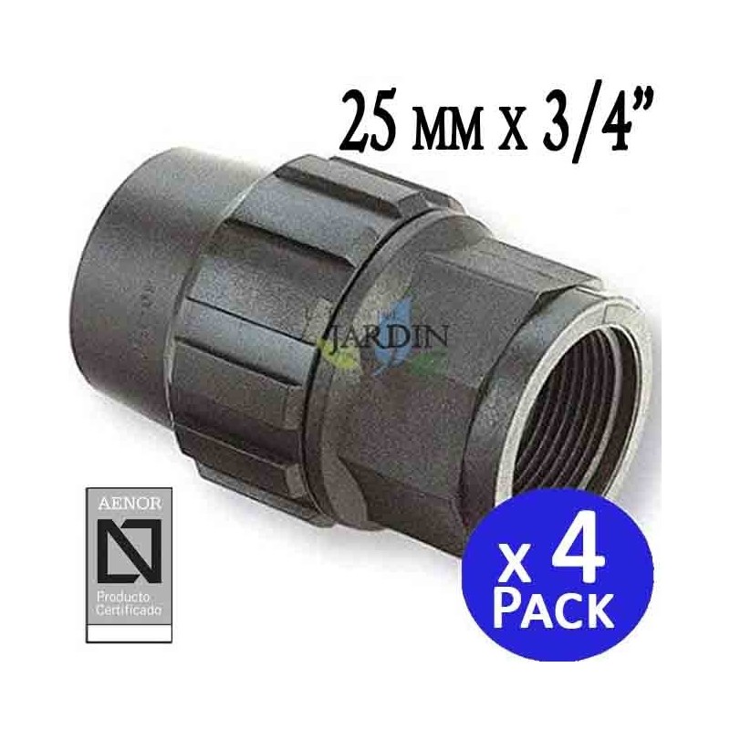 Enlace hembra Polietileno 25mm x 3/4" (pack 4). Producto con certificado AENOR utilizado en tuberias PE 25 mm