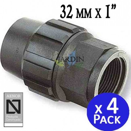 Connettore femmina, polietilene, 32 mm x 1" (confezione da 4). Prodotto certificato AENOR utilizzato in tubi in PE da 32 mm.