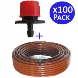 Tuyau PE-LD 100 m x 16 mm. Tuyau d'arrosage + 100 Goutteurs réglables de 0 à 70 l/h, marron