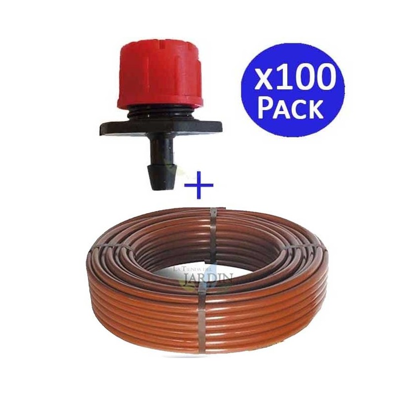 Tuyau PE-LD 100 m x 16 mm. Tuyau d'arrosage + 100 Goutteurs réglables de 0 à 70 l/h, marron