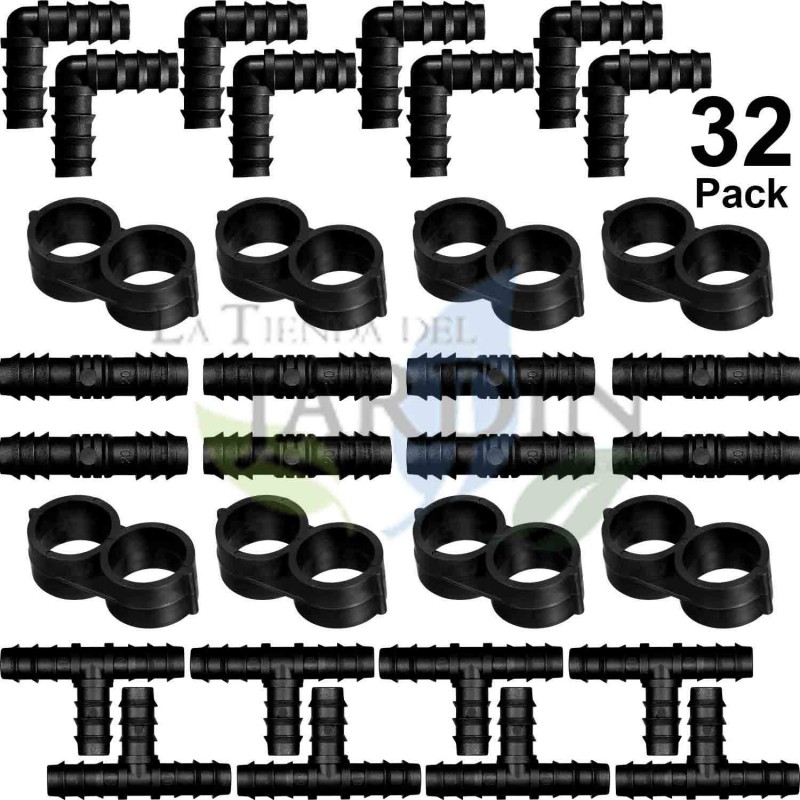 Set di 32 pezzi di irrigazione a goccia 16mm: 8 tee, 8 gomiti, 8 collegamenti e 8 strozzature Set di 32 pezzi di irrigazione a goccia 16mm: 8 tee, 8 gomiti, 8 collegamenti e 8 strozzature