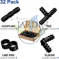 Pack Accesorios para Tuberia Riego por Goteo 16 mm negro: 8 Te + 8 Codo + 8 Enlace + 8 Estrangulador