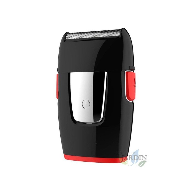 Red travel shaver and trimmer. USB charging.