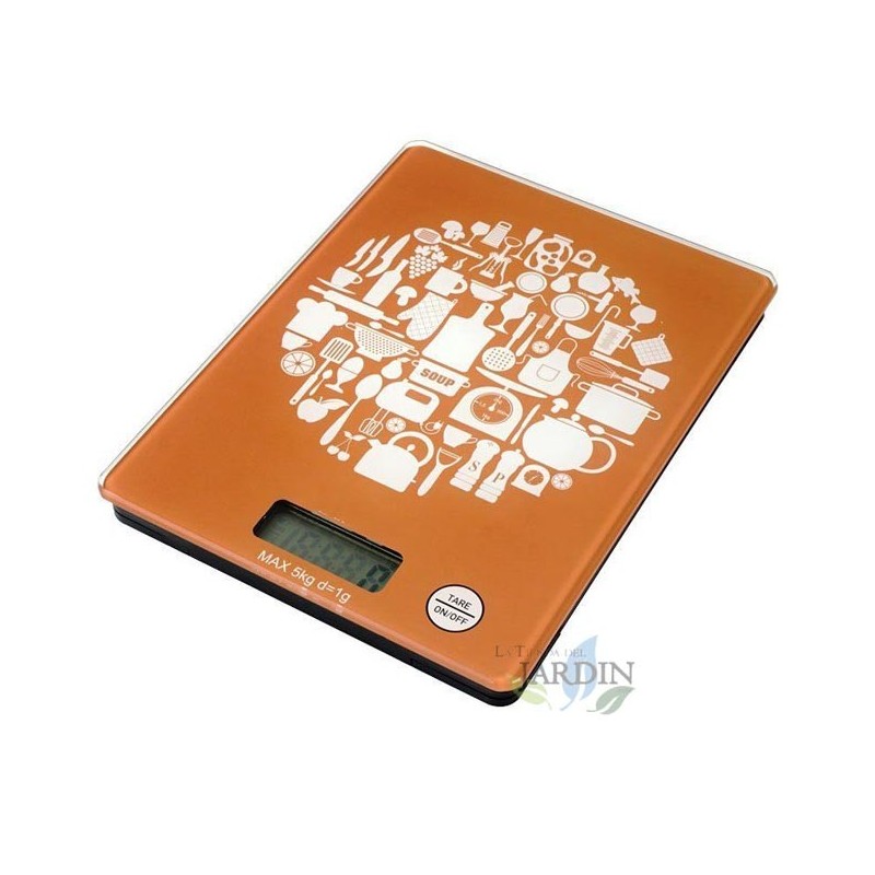 Báscula de cocina LED 5 Kg naranja, graduación 1 gr. 15,2x20 cm