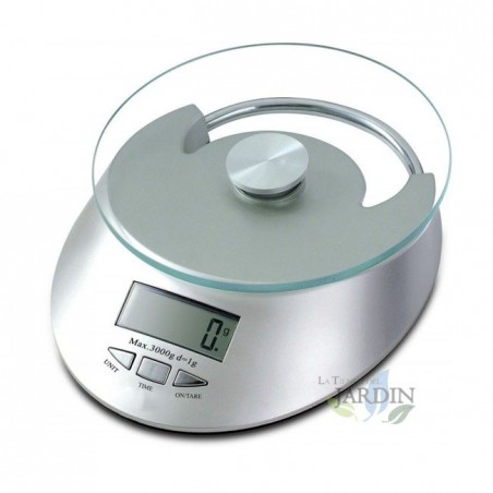 Bilancia da cucina in vetro grigio da 5 kg, graduazione 1 g. Diametro 15 cm.