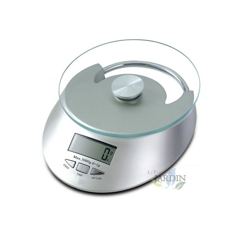 Bilancia da cucina in vetro grigio da 5 kg, graduazione 1 g. Diametro 15 cm.