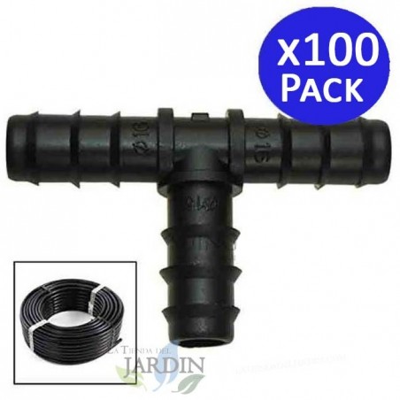 100 x Te 16mm riego por goteo negro. Unión para tubo de goteo diámetro 16 mm, negro