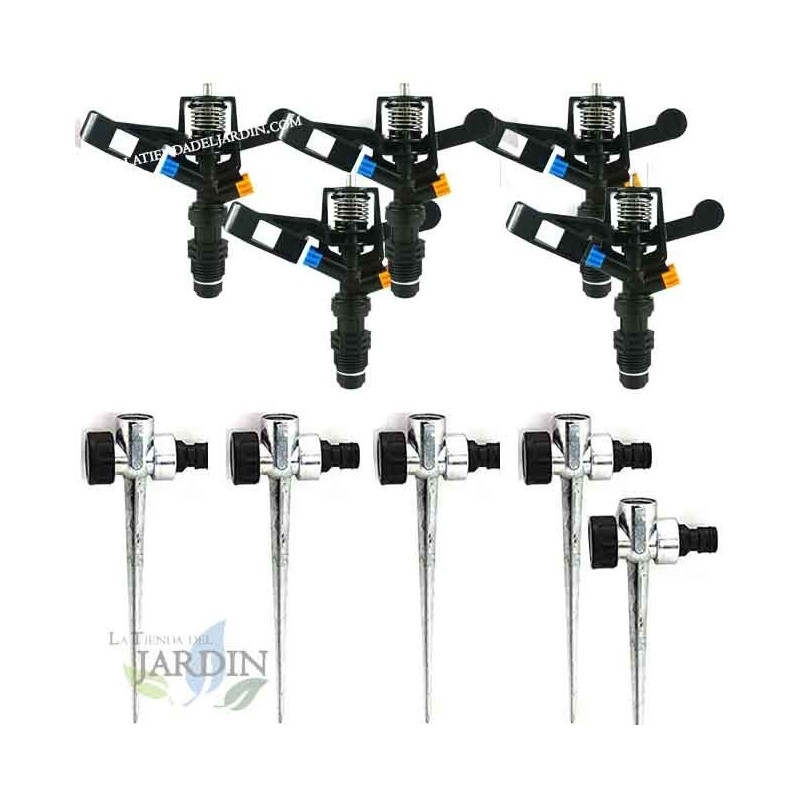 Lot de 5 arroseurs circulaires d'irrigation 1/2", 7 à 13 mètres + 5 supports d'arroseurs