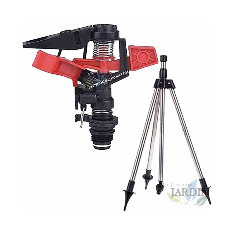 Verstellbarer landwirtschaftlicher Sprinkler 8-13 m. 1/2'' Gewinde. Inklusive Sprinklerhalterstativ aus Metall