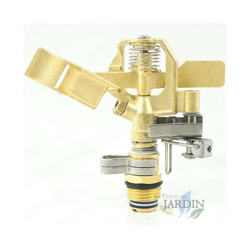 Brass irrigation sprinkler 1/2" adjustable. Range 10-15 meters. Flow 9 to 20 liters / minute Brass irrigation sprinkler 1/2" adjustable. Range 10-15 meters. Flow 9 to 20 liters / minute