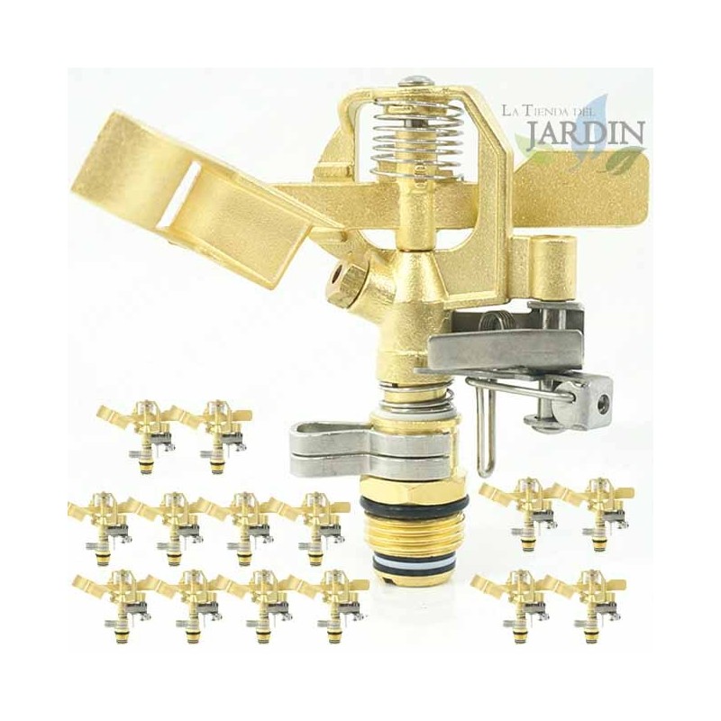 Pack 15 x sprinkler 1/2" adjustable brass. Range 10-15 meters. Flow 9 to 20 liters / minute Pack 15 x sprinkler 1/2" adjustable brass. Range 10-15 meters. Flow 9 to 20 liters / minute