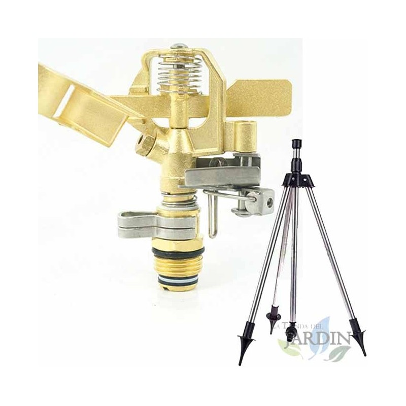 Irrigatore regolabile in ottone pack 10-15 metri.  Filettatura 1/2''. Include treppiede porta irrigatore in metallo Irrigatore regolabile in ottone pack 10-15 metri.  Filettatura 1/2''. Include treppiede porta irrigatore in metallo