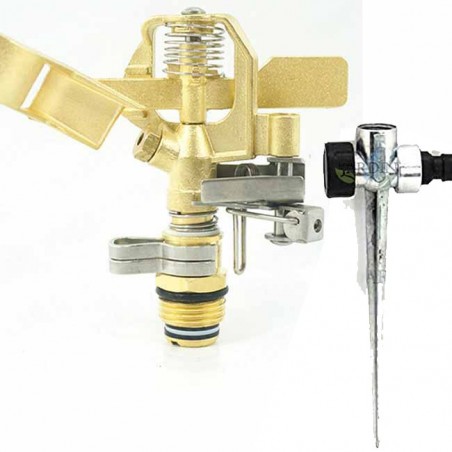Verstellbarer Bewässerungssprinkler aus Messing, 10–15 m. 1/2'' Gewinde. Inklusive Sprinklerhalter aus Metall	