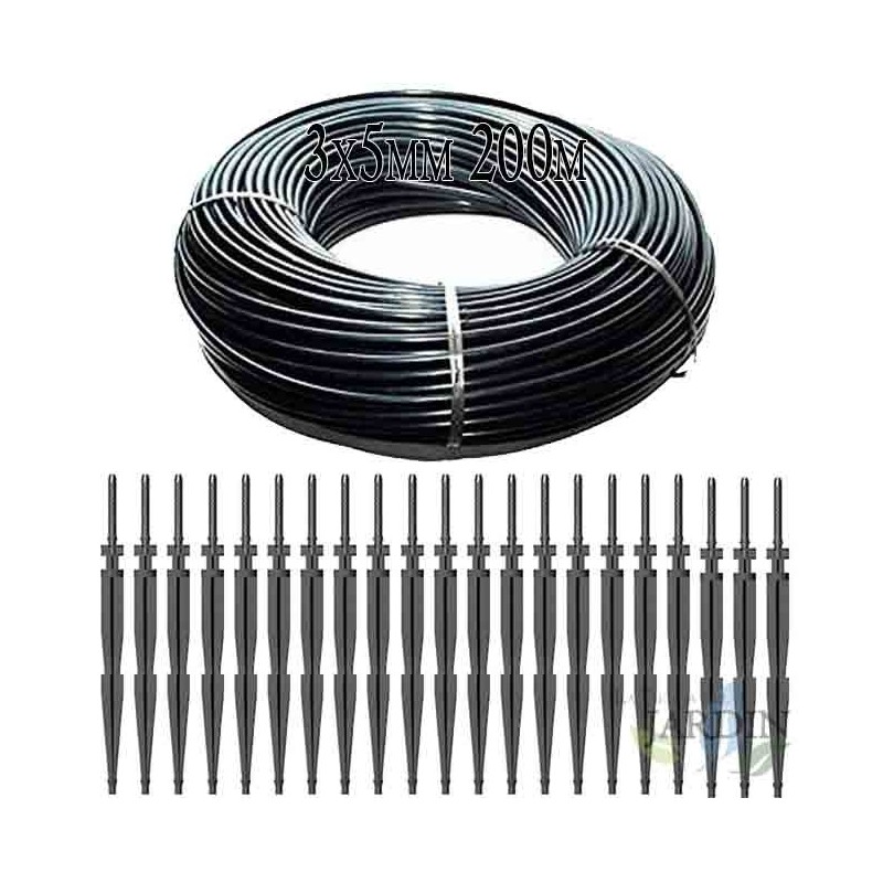 Microtubo 3x5mm 200 Metros + 50 Estacas Riego por Goteo 2,6 l/h - Kit Completo para Riego Eficiente Microtubo 3x5mm 200 Metros + 50 Estacas Riego por Goteo 2,6 l/h - Kit Completo para Riego Eficiente