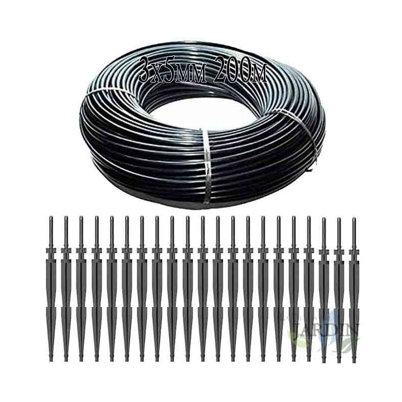 Tuyau flexible d'arrosage 3x5 mm. Conducteur PVC souples noir, 200m + 50 piquets Irrigation goutte à goutte 2,6 l/h