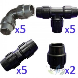 Pack RIEGO TUBERIA 20MM: 5 te + 5 codo + 5 enlace + 2 tapón. Color negro Fitting de Polietileno para tubo agricola y alimentario
