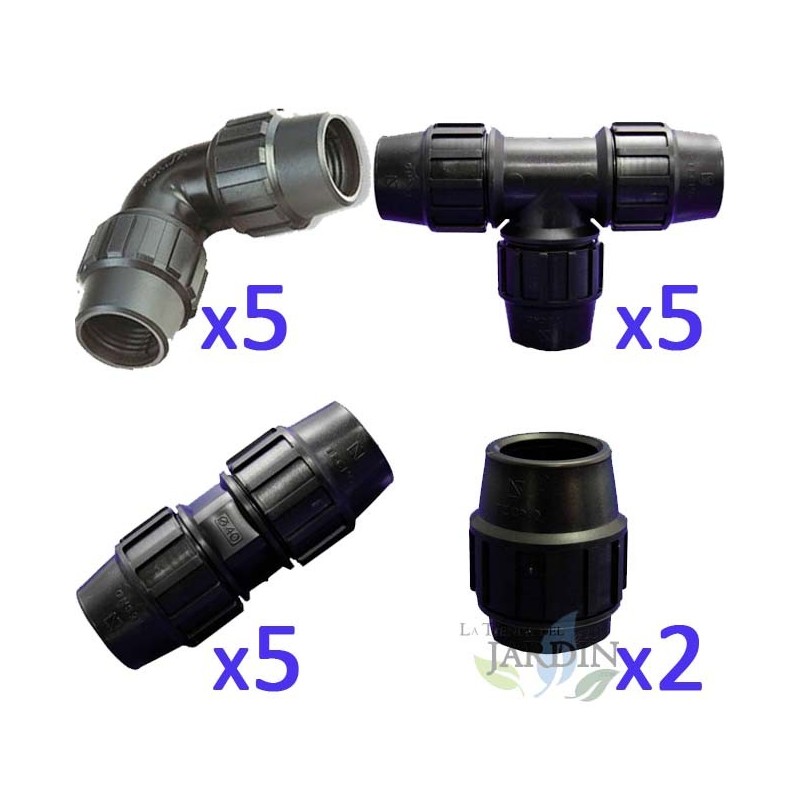 Lot Arrosage 20mm: 5 tés + 5 coude + 5 jonctions + 2 bouchons. Raccord en polyéthylène pour tuyaux agricole