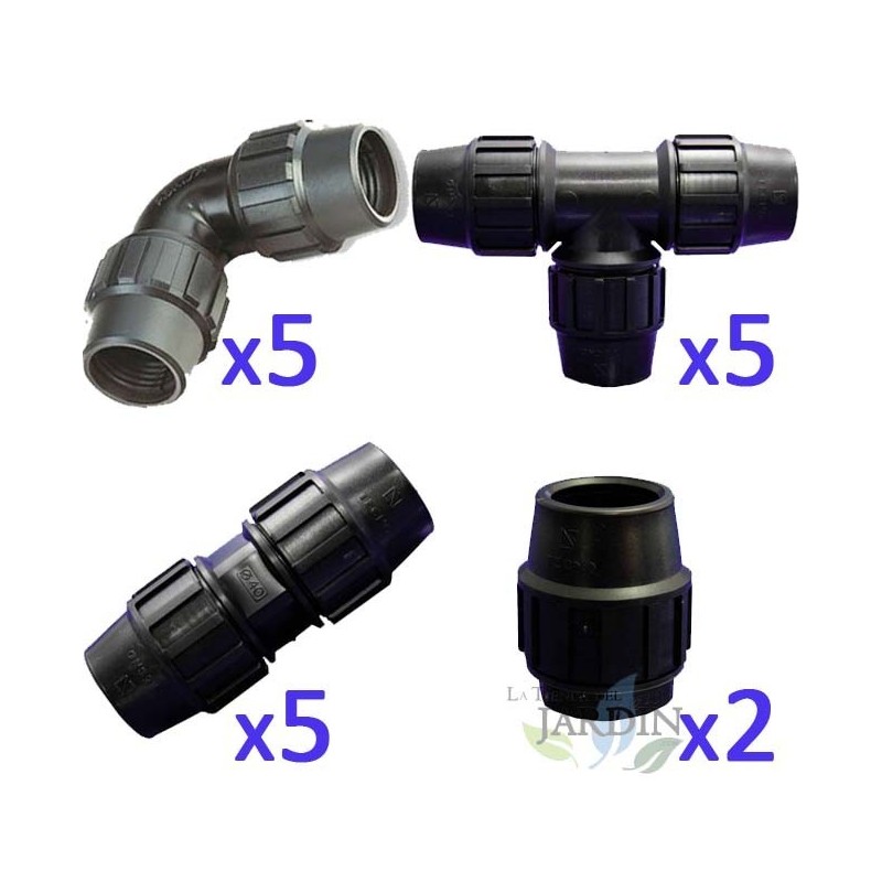 20MM IRRIGATION PIPE PACK: 5 tees + 5 elbows + 5 connections + 2 plugs. Black polyethylene fitting for agricultural and food pip