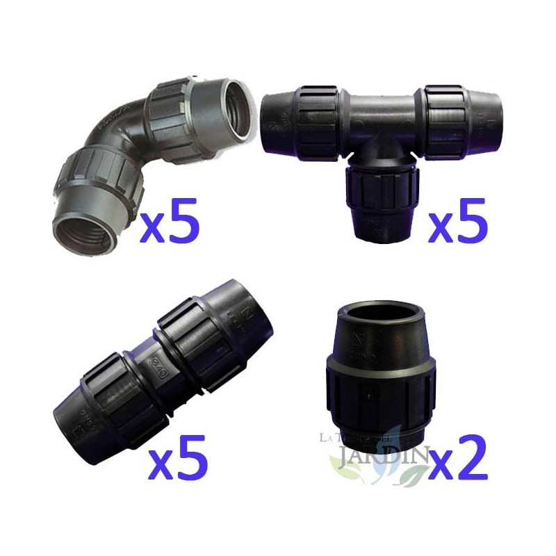 Rohr 25 mm Bewasserung Packung: 5 T-Stücke + 5 Bögen + 5 Glieder + 2 Stopfen. Schwarzes Polyethylen-Fitting für Landwirtschafts Rohr 25 mm Bewasserung Packung: 5 T-Stücke + 5 Bögen + 5 Glieder + 2 Stopfen. Schwarzes Polyethylen-Fitting für Landwirtschafts