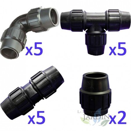 Pack RIEGO TUBERIA 32mm: 5 te + 5 codo + 5 enlace + 2 tapon. Fitting negro de Polietileno para tubo agricola y alimentario