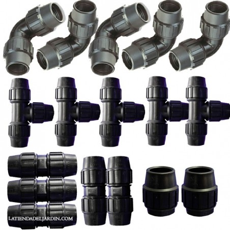 32MM IRRIGATION PIPE PACK: 5 tees + 5 elbows + 5 connections + 2 plugs. Black polyethylene fitting for agricultural and food pip