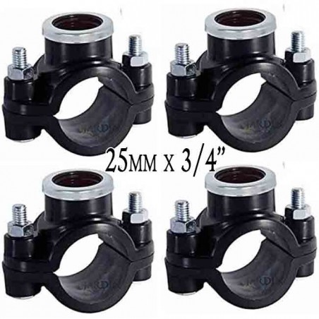 Confezione da 4 collari per irrigazione da 25 mm x 3/4". Utilizzati per l'installazione di elementi di irrigazione quali irrigat