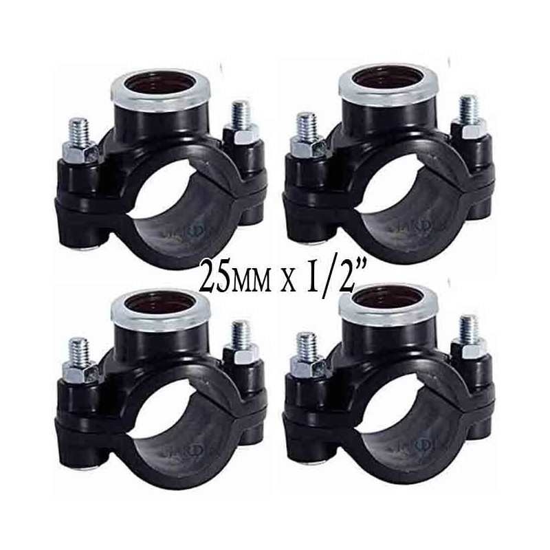 Lot de 4 Collier de prise en charge 25mm x 1/2''. Utilisé pour l'installation d'irrigation, tels que des arroseurs, des tuyères Lot de 4 Collier de prise en charge 25mm x 1/2''. Utilisé pour l'installation d'irrigation, tels que des arroseurs, des tuyères