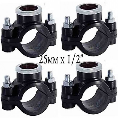 Confezione da 4 collari per irrigazione da 25 mm x 1/2". Utilizzati per l'installazione di elementi di irrigazione quali irrigat