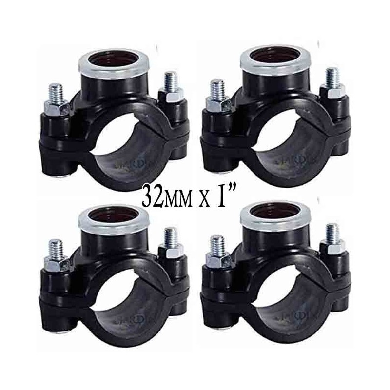 Lot de 4 colliers d'irrigation 32 mm x 1". Utilisés pour l'installation d'éléments d'irrigation tels que des arroseurs, des diff