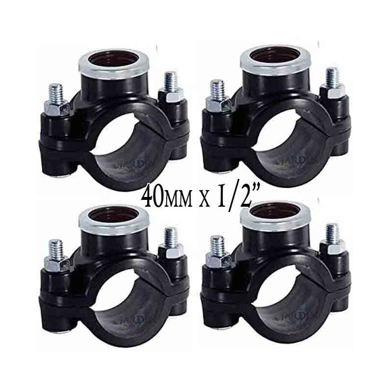 Set di 4 Presa a staffa per irrigazione 40 mm x 1/2'' Utilizzato per l'installazione di elementi di irrigazione Set di 4 Presa a staffa per irrigazione 40 mm x 1/2'' Utilizzato per l'installazione di elementi di irrigazione