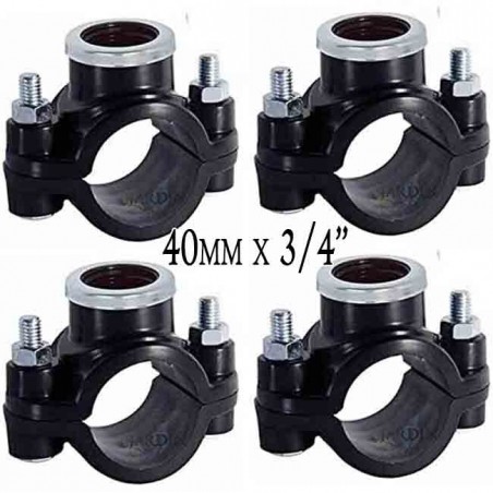 Confezione da 4 collari per irrigazione da 40 mm x 3/4". Utilizzati per l'installazione di elementi di irrigazione quali irrigat