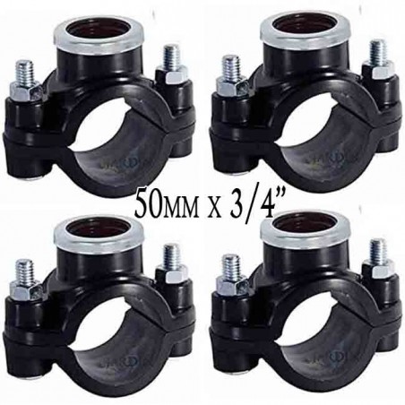 Confezione da 4 collari per irrigazione da 50 mm x 3/4". Utilizzati per l'installazione di elementi di irrigazione quali irrigat