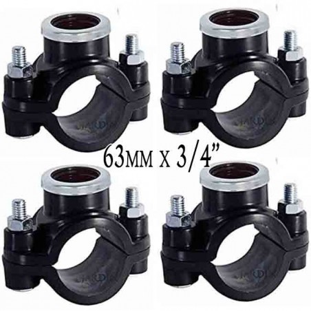 Confezione da 4 x COLLARI PER IRRIGAZIONE 63 MM x 3/4". Utilizzati per l'installazione di elementi di irrigazione quali irrigato