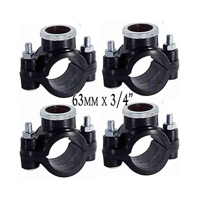 Paquet de 4 x COLLIER D'IRRIGATION 63MM x 3/4". Utilisé pour l'installation d'éléments d'irrigation tels que des arroseurs, des 