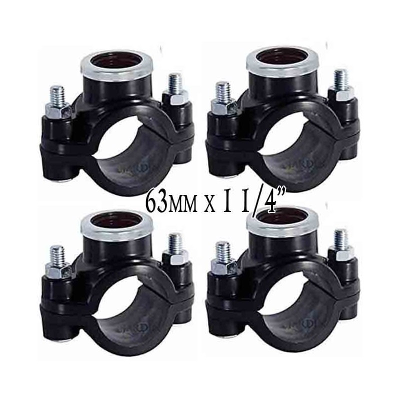 Lot de 4 Collier de prise en charge 63mm x 1 1/4''. Utilisé pour l'installation d'irrigation, tels que des arroseurs, des tuyère Lot de 4 Collier de prise en charge 63mm x 1 1/4''. Utilisé pour l'installation d'irrigation, tels que des arroseurs, des tuyère