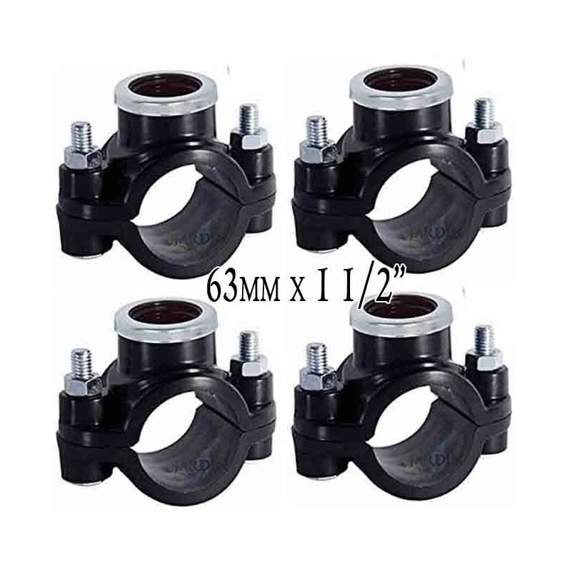 Confezione da 4 x COLLARI PER IRRIGAZIONE 63 MM x 1 1/2". Utilizzati per l'installazione di elementi di irrigazione quali irriga