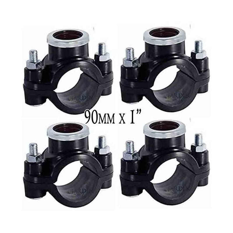 Pacote com 4 colares de irrigação de 90 mm x 1". Conexões para instalação de elementos de irrigação, como aspersores e difusores Pacote com 4 colares de irrigação de 90 mm x 1". Conexões para instalação de elementos de irrigação, como aspersores e difusores