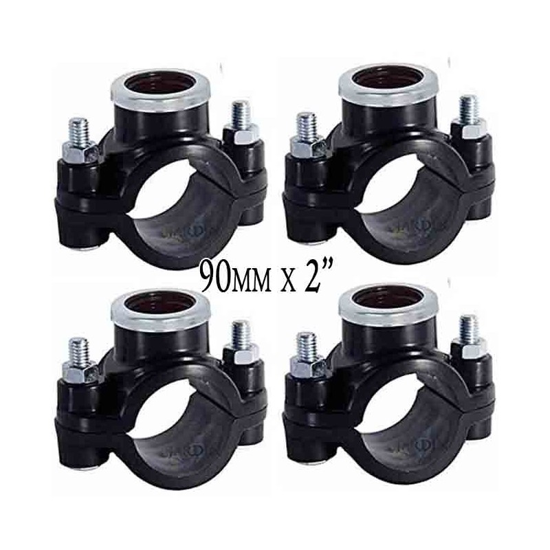 Pacote com 4 colares de irrigação de 90 mm x 2". Conexões para instalação de elementos de irrigação, como aspersores e difusores Pacote com 4 colares de irrigação de 90 mm x 2". Conexões para instalação de elementos de irrigação, como aspersores e difusores