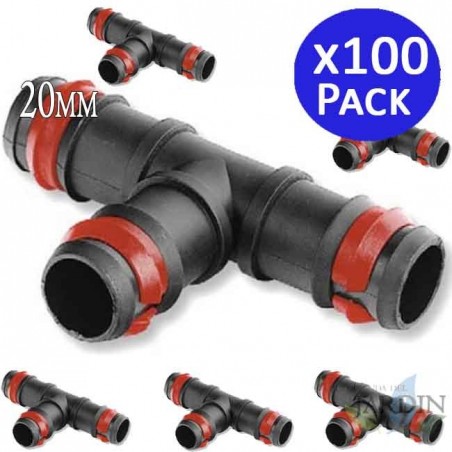 TÊ DE GOTEJAMENTO 100 x 20 MM com ANEL DE SEGURANÇA. Conector para tubo de gotejamento com 20 mm de diâmetro. Preto.