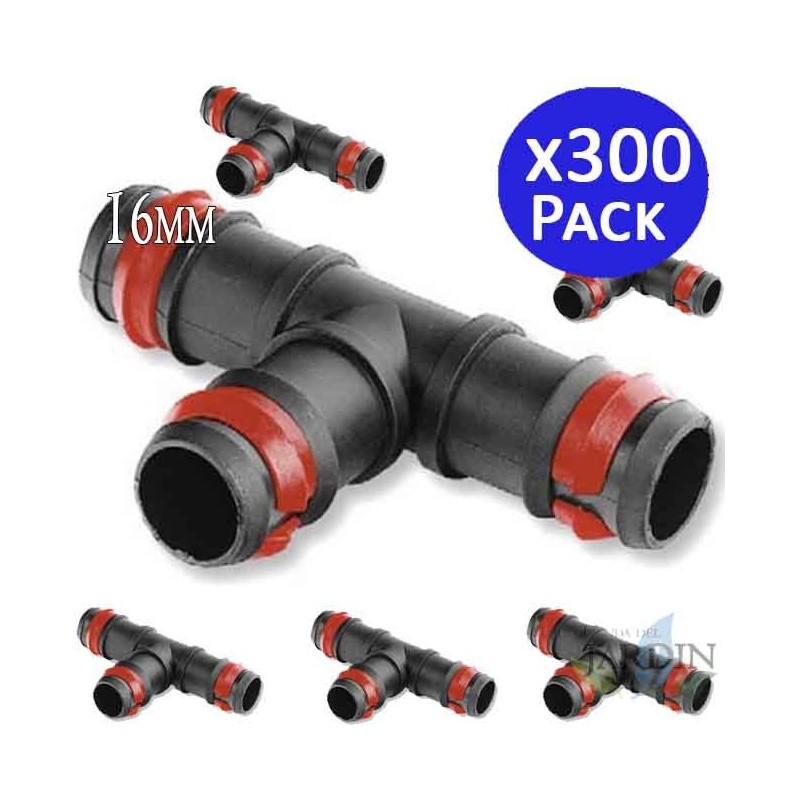 300 x Te riego por goteo 16mm con anilla de seguridad. Unión para tubo de goteo diámetro 16 mm, negro