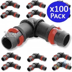 100 x CODO GOTEO 20MM con ANILLA SEGURIDAD. Unión para tubo de riego 20 mm. Color negro.