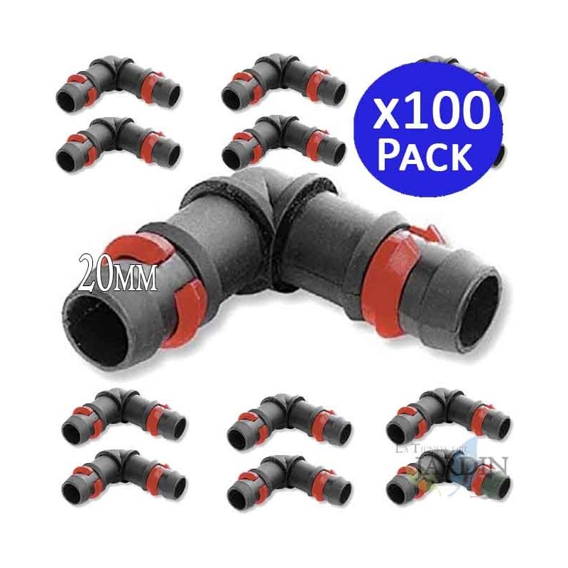 Lot de 100 Coude cannelée 20mm avec anneau de sécurité pour goutte à goutte Lot de 100 Coude cannelée 20mm avec anneau de sécurité pour goutte à goutte