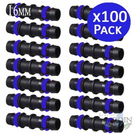 Pack 100 x DRIP SLEEVE 16MM with SAFETY RING.  Link union for drip tube 16 mm.  Black color.