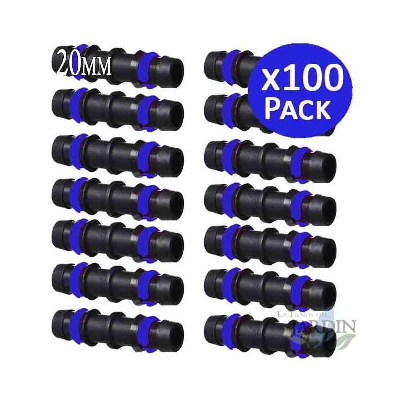 100 x MANGUITO GOTEO 20MM con ANILLA SEGURIDAD. Unión enlace para tuberia 20 mm. Color negro.