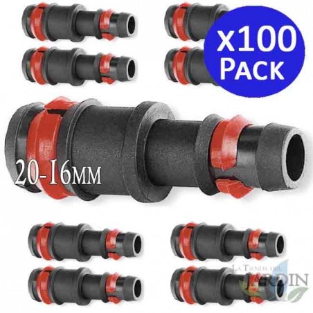 Pack 100 Enlace Riego por Goteo 20mm a 16mm Anilla de Seguridad| Manguito conector riego tuberia 16 mm a tuberia 20 mm