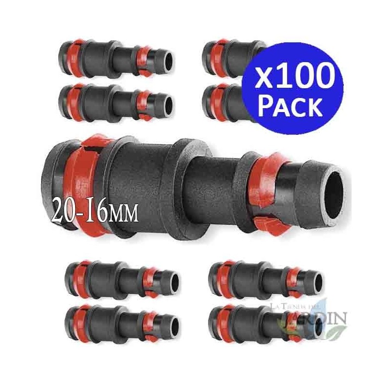 100 x 20–16 mm Tropfverbinder mit Sicherheitsring. Bewässerungsschlauch-Muffenverbindung 20 mm auf 16 mm