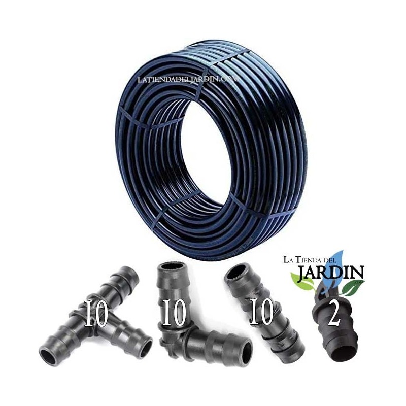 Tubo de irrigação por gotejamento de 16 mm e 2,5 bar, 100 metros | Inclui 10 tês, 10 cotovelos, 10 conexões e 2 plugues Tubo de irrigação por gotejamento de 16 mm e 2,5 bar, 100 metros | Inclui 10 tês, 10 cotovelos, 10 conexões e 2 plugues