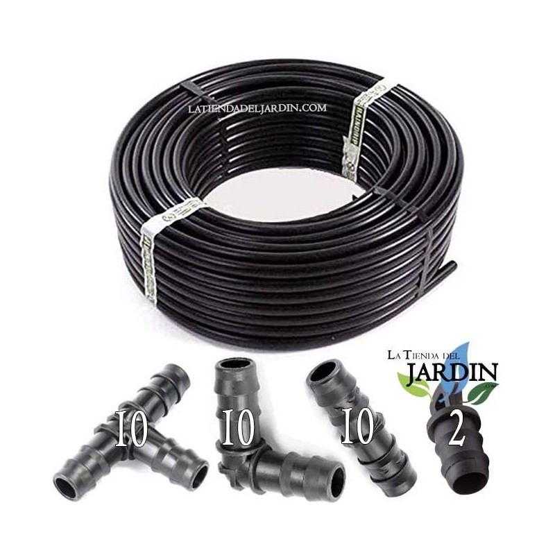 Tuberia Riego por Goteo 16mm 4 bar 100 metros | Incluye 10 Te + 10 Codo + 10 Enlace + 2 Tapon Tuberia Riego por Goteo 16mm 4 bar 100 metros | Incluye 10 Te + 10 Codo + 10 Enlace + 2 Tapon
