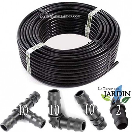 Tuberia Riego por Goteo 16mm 4 bar 100 metros | Incluye 10 Te + 10 Codo + 10 Enlace + 2 Tapon